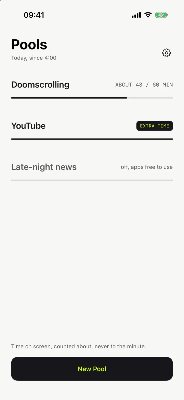 The app’s Pools screen