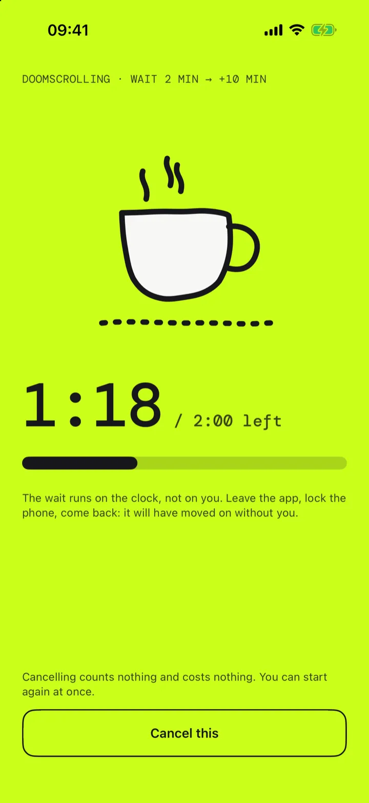 Waiting two minutes: 1:18 of 2:00 left